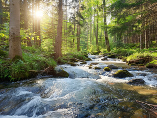 Obraz premium A stream of water flows through a forest, with sunlight shining on the water