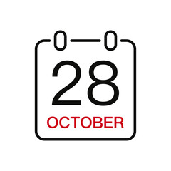 October 28 date on the calendar, vector line stroke icon for user interface. Calendar with date, vector illustration.