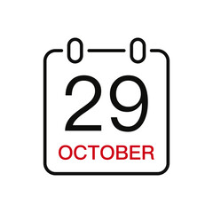 October 29 date on the calendar, vector line stroke icon for user interface. Calendar with date, vector illustration.
