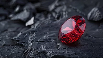  The dark red gemstone jewelry cut with dark stone background. Red Ruby gemstone Round Cut on stone background, close up shot Dazzling diamond red gemstones on black background © Sittipol 