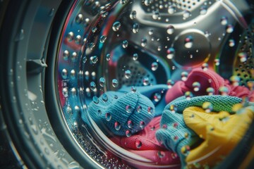 Inside View of Washing Machine with Colorful Socks and T-Shirts