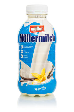 Müllermilch vanilla flavor in a bottle by Theo Müller company isolated on a white background