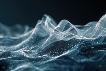 Digital waves made of particles, simulating the flow of sound or water in abstract form,
