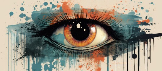 A detailed closeup of a womans eye featuring vibrant paint splashes around the iris. The eye stands...