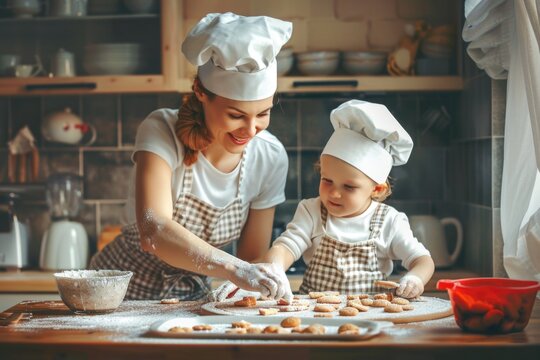 Mother And Child Wearing Matching Approns And Chef Hat Baking Cookies, Mother's Day Photo