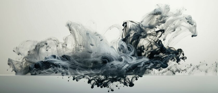 High-speed photography of ink drops in water, forming ethereal cloud-like patterns,