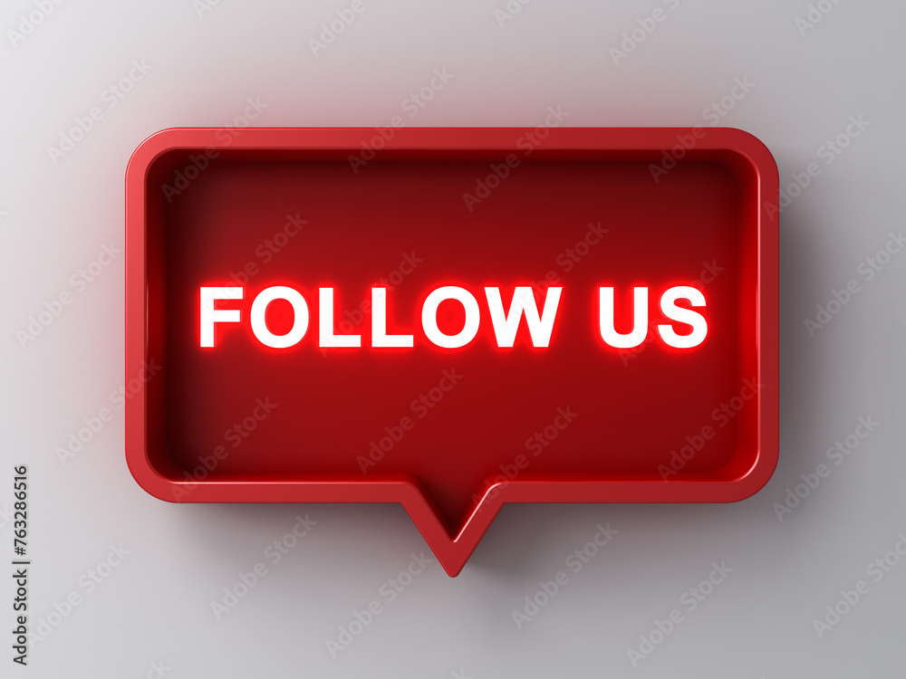 Poster follow us label neon light red button social media notification sign isolated on dark white grey wal