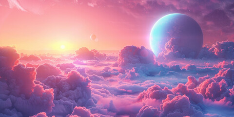 Obraz premium Majestic celestial panorama of clouds, planets, and the radiant sun in the center of the sky