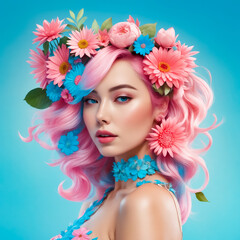 A woman with pink hair and a flower crown on her head. The flowers are pink and blue