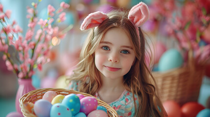 Fototapeta na wymiar A smiling young girl wearing bunny ears holds a basket of colorful Easter eggs, surrounded by spring blossoms.