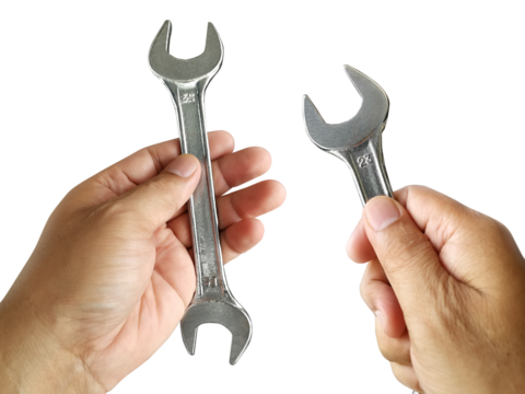 hand holding Adjustable spanner or adjustable wrench, transparent background
