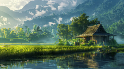 Fototapeta premium Two grandparents planted a hut at the end of the rice field and grew vegetables and fish