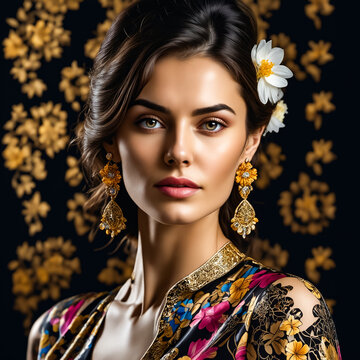 A woman with a flower in her hair is wearing gold earrings. She is standing in front of a floral patterned background