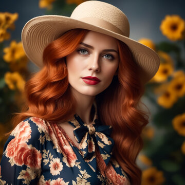 A woman with red hair and a white hat is standing in front of a yellow flower arrangement. The image has a warm and inviting mood, with the bright colors of the flowers