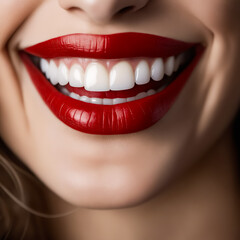 A woman with a bright red lip and a big smile. Concept of happiness and confidence