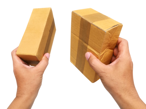 hand holding brown paper box package, transparent background