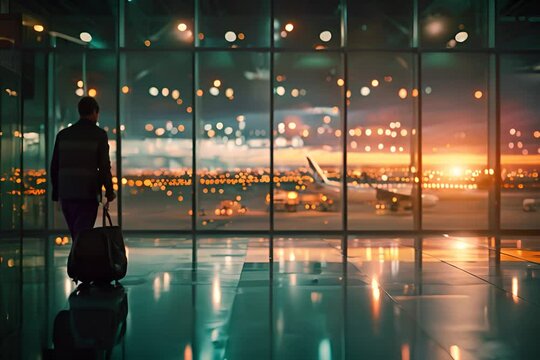 silhouette of a man with luggage, a bag against the background of a window with an airplane on the runway, night lights, bokeh from flashlights, a man is waiting for a flight at the airport