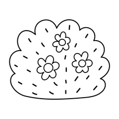 Doodle black and white bush with flowers in cartoon style isolated. Hand drawn cute tree element in outline for coloring. Vector illustration