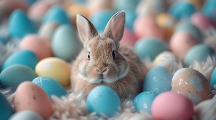 Fototapeta na wymiar Colorful Easter eggs surround a happy Easter bunny in a festive AIgenerated image. Concept Easter, Colorful, Bunny, Festive, AI-generated