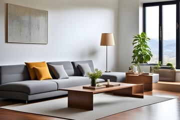 living room interior with sofa and green plants 