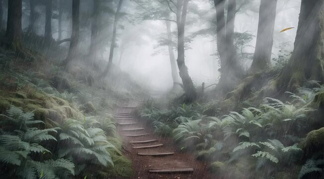 Explore the enchanting allure of a fog-draped pathway winding through the forest, offering a refreshing cool atmosphere, captured in mesmerizing 4K video footage