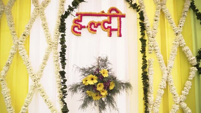 Haldi Ceremony Decoration, Hindu Wedding Decoration of Haldi Stage, Indian Wedding Colorful Background