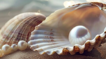 White pearl delicately placed in a seashell - obrazy, fototapety, plakaty