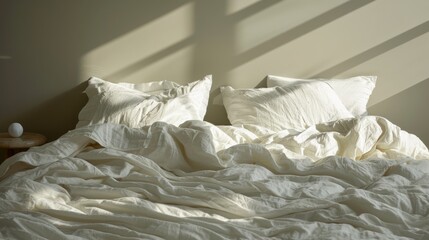 Unmade bed, highlighting the rumpled sheets and tousled pillows