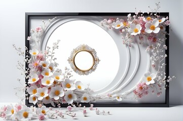 3d illustration of a frame with white flowers and black frame.