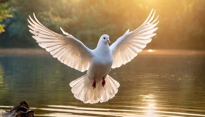 Holy Spirit: White Dove with Open Wings Above a Cailm Lake