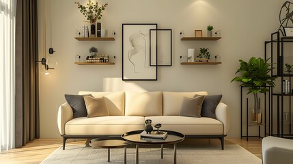 an AI-generated living room with beige hues, a decorative shelf, and a prominent black mockup frame for artwork