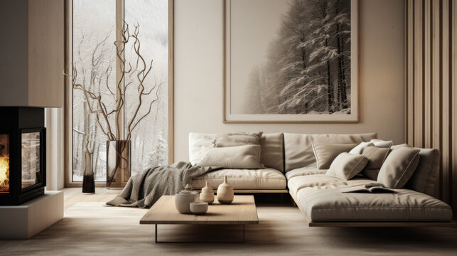 A living room with a fireplace, a couch, and a picture of trees on the wall. The room has a cozy and warm atmosphere, with a vase of branches and a blanket on the couch