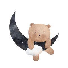 Cute teddy bear with cloud on the moon. Watercolor hand drawn illustration. White isolated background. Can be used for kid poster or card.