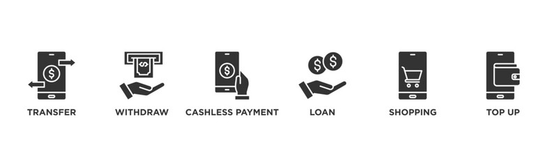 Mobile banking banner web icon vector illustration concept with icon of transfer, withdraw, cashless payment, loan, shopping, top up	