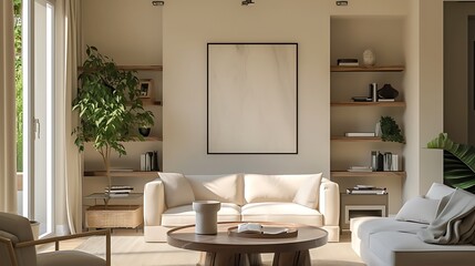 an AI-generated living room with beige hues, a decorative shelf, and a prominent black mockup frame for artwork