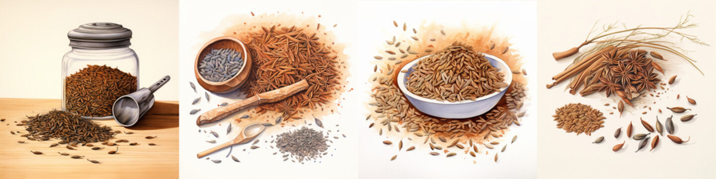 Hand-painted Watercolor Illustration of Cumin Seeds, Essential Spice in Cooking.