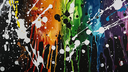 Illustration of many colorful splashes of color on a black background