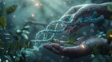 An abstract illustration of plant sprout biotechnology. Seedling tree leaves with DNA genome engineering vitamin supplement isolated on a dark blue background. This is a low poly wireframe mesh