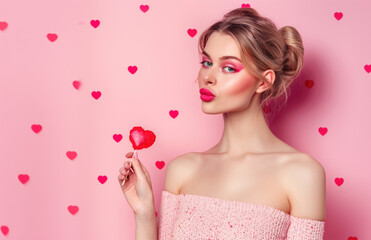 Obraz na płótnie Canvas a beautiful woman with open hand holding heart lollipop, pink lips and eye make up, valentine theme background