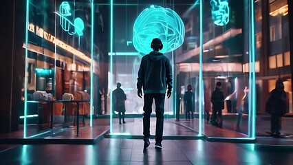 AR Future city concept, Urban Night Life with People Walking, Smiling, and Reflecting City Vibes, Photo realistic style, Metaverse concept with AR, VR, MR, modern style, cyberpunk , supermarket