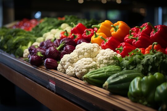 Fresh and clean healthy fruits and vegetables on the shelf in the supermarket
