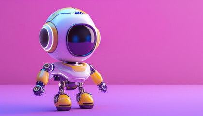cute robot assistant on background of speech bubble or chat icon, purple background by AI generated image