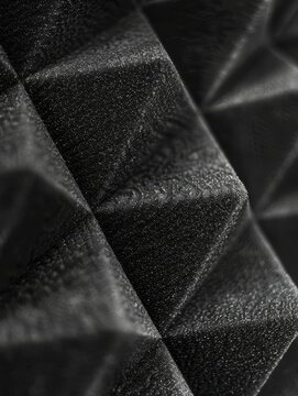 A macro close up picture of a acoustic anti noise foam, egg tray shaped and triangles pyramids in black color. AI Generated.