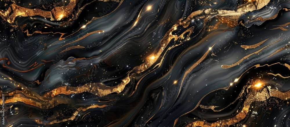 Canvas Prints A detailed close up of a luxurious black and gold marble texture, resembling a unique mix of patterns found in nature like tree rings and water ripples