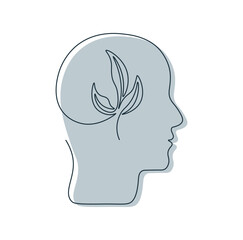 One line drawing human head with plant inside. Mental health concept in single continuous line. Positive thinking. Psychological growth. Taking care yourself. Simple isolated vector illustration.