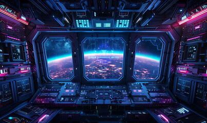 A hyper-realistic spaceship panel made of metal, with a top squared panoramic view of space, featuring neon blue and purple details. Generative Ai - obrazy, fototapety, plakaty