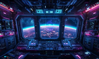 Foto op Plexiglas A hyper-realistic spaceship panel made of metal, with a top squared panoramic view of space, featuring neon blue and purple details. Generative Ai © Handz