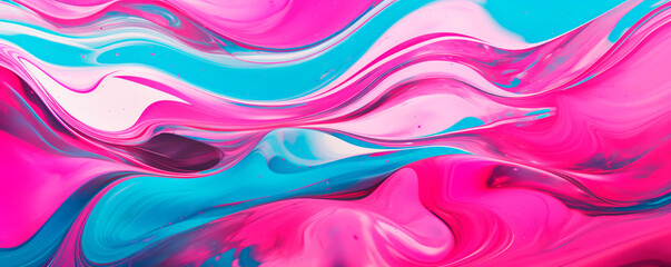 An abstract painting featuring vibrant pink and blue colors blending in fluid lines and shapes. The...