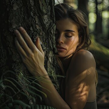 Pensive woman hugging big tree trunk in the forest, connection with nature