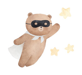 Flying teddy bear in super hero costume. Can be used for kid posters or cards. Watercolor illustration. - 763290518
